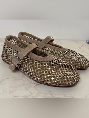 Also Suede and Crystal Mesh Mary Jane Flats - Taupe - Size 41